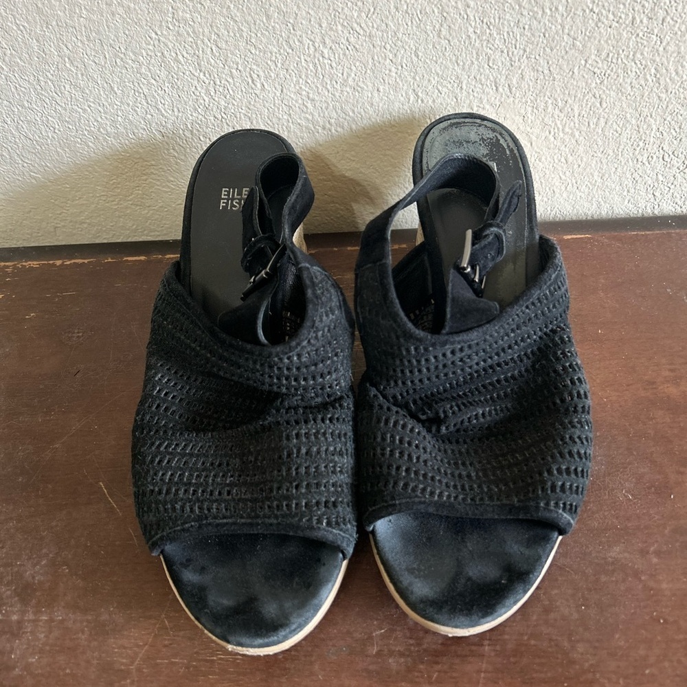 Eileen Fisher Women's Aura Slingback Espadrille Wedge Black Leather Twine Sz 9.5 - Picture 6 of 11